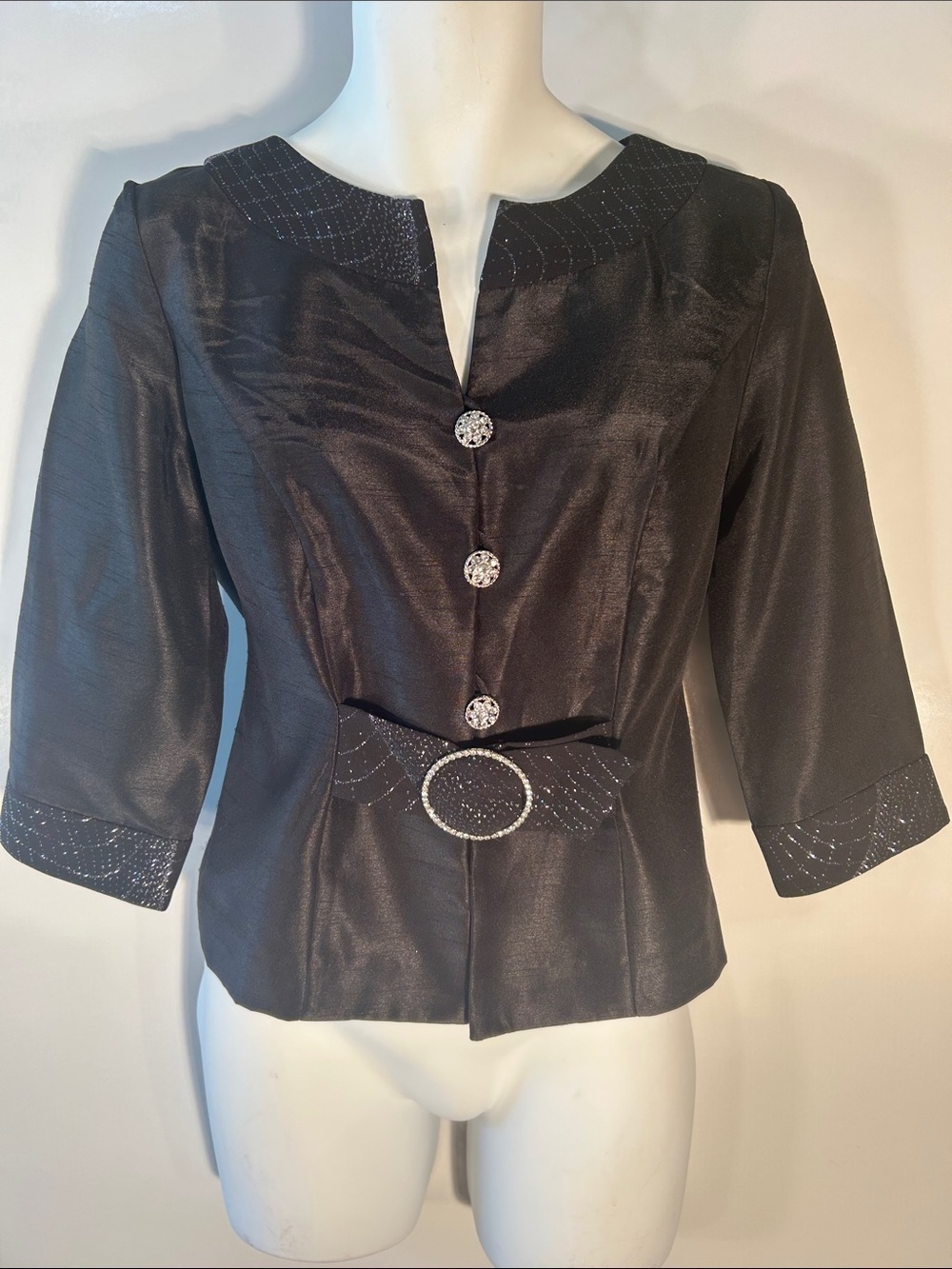 Dana Kay SZ 10 Black Satin Jacket Rhinestones Timeless Formal MOB